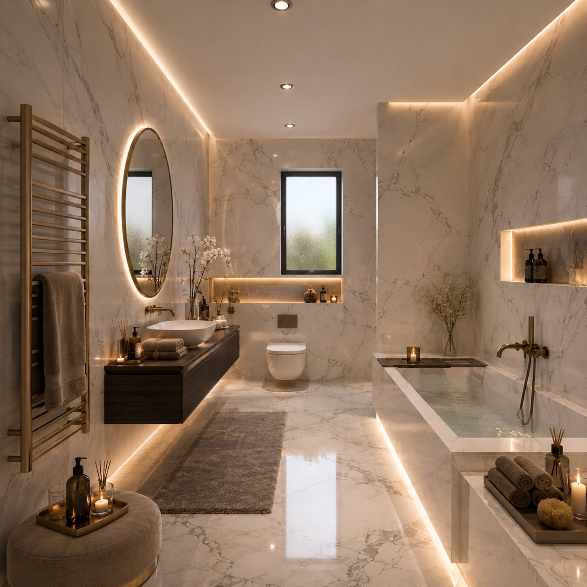 Luxuriöses, modernes Badezimmer mit freistehender Wanne
