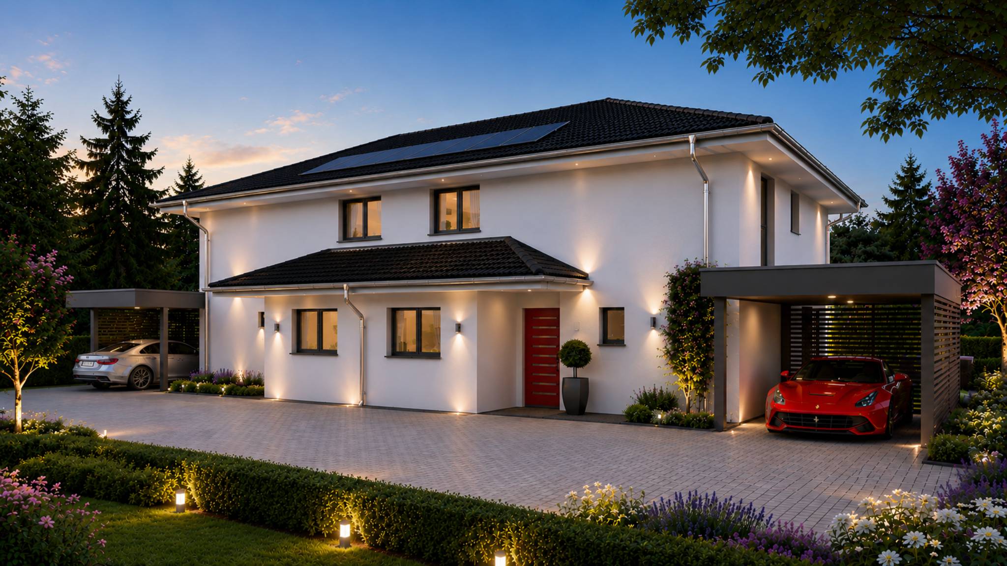 Modernes Einfamilienhaus mit Doppelcarport bei Abendlicht