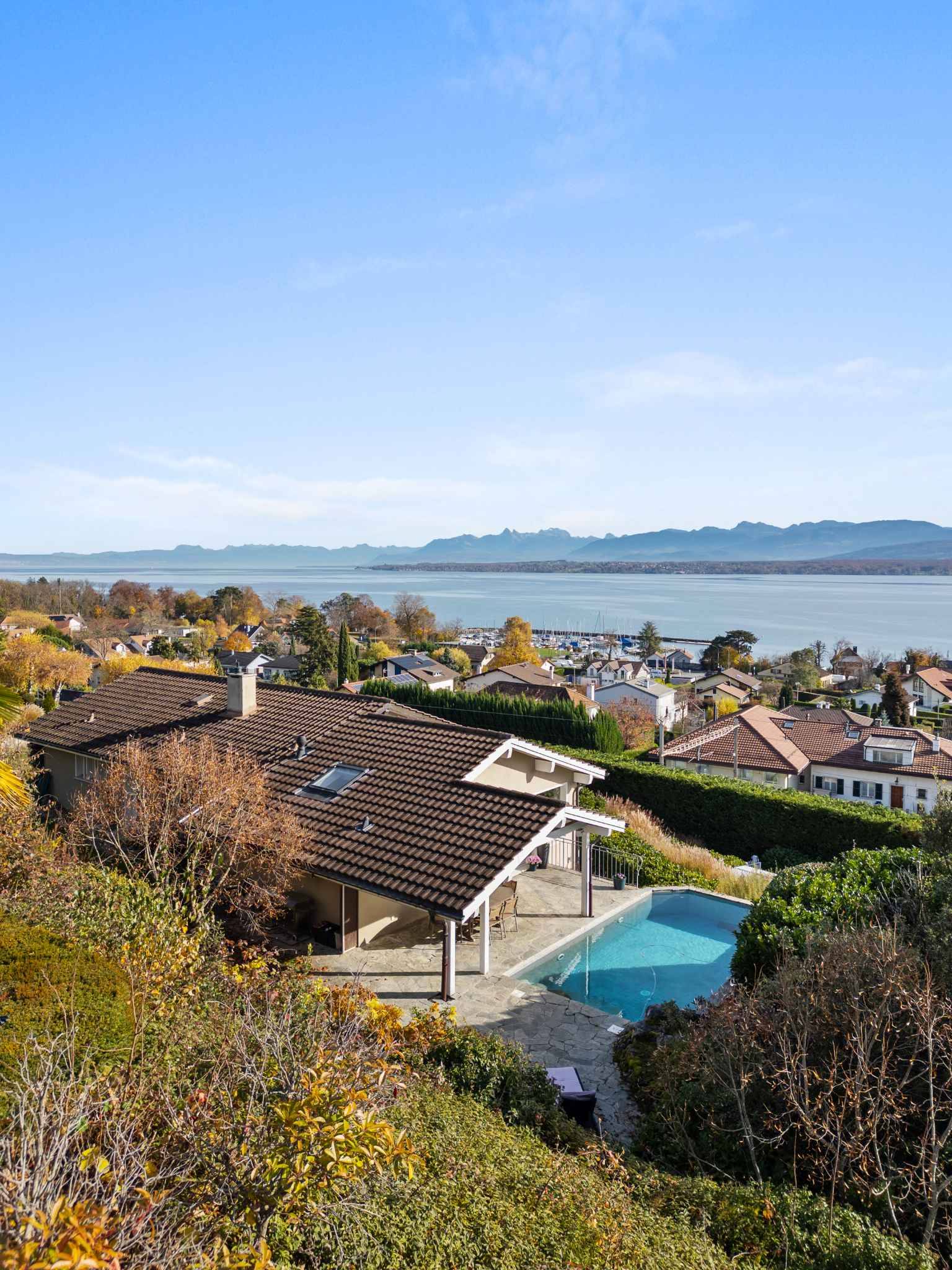 Seeblick mit Pool und Wohnhaus