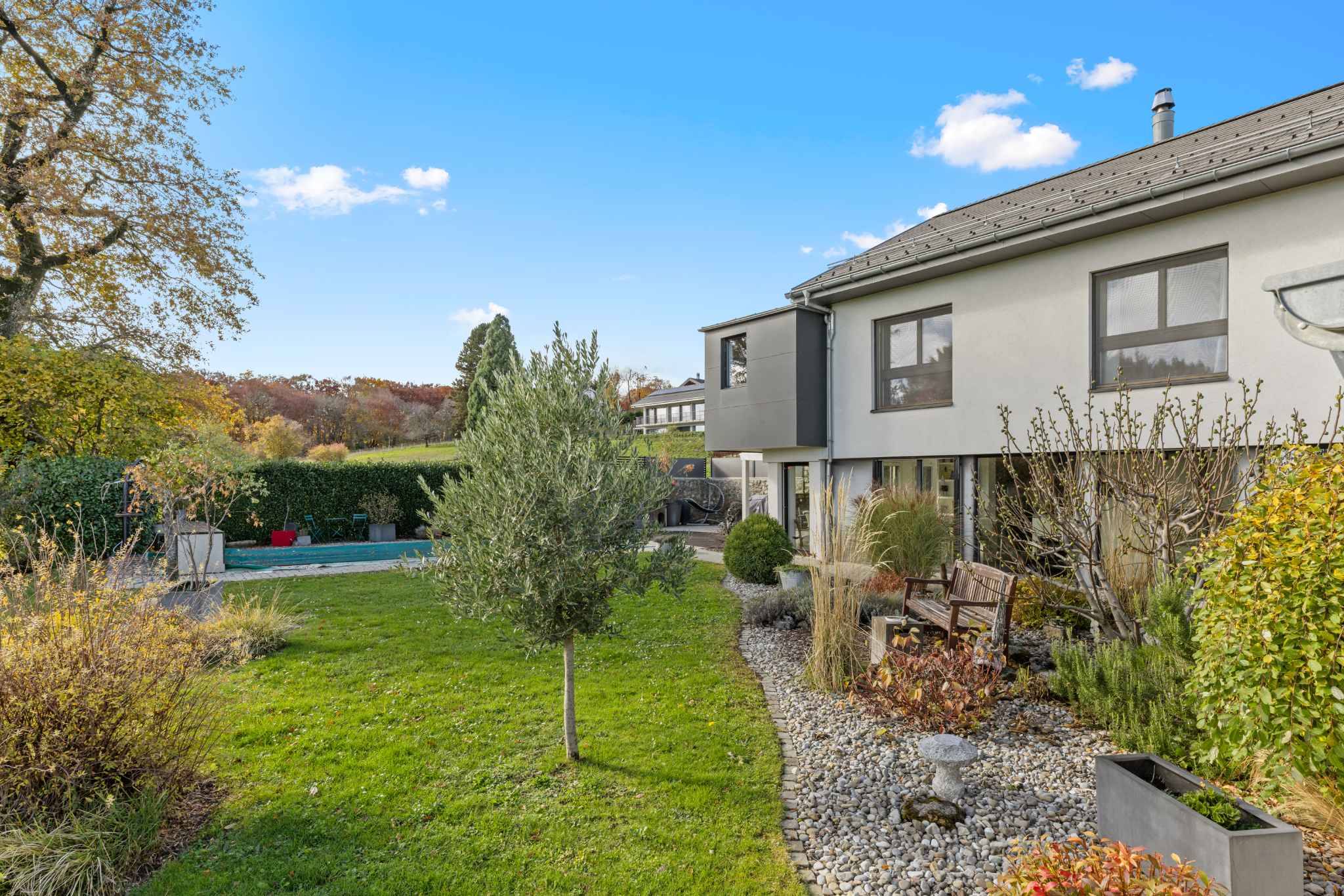 Großer Garten mit modernem Haus und Pool