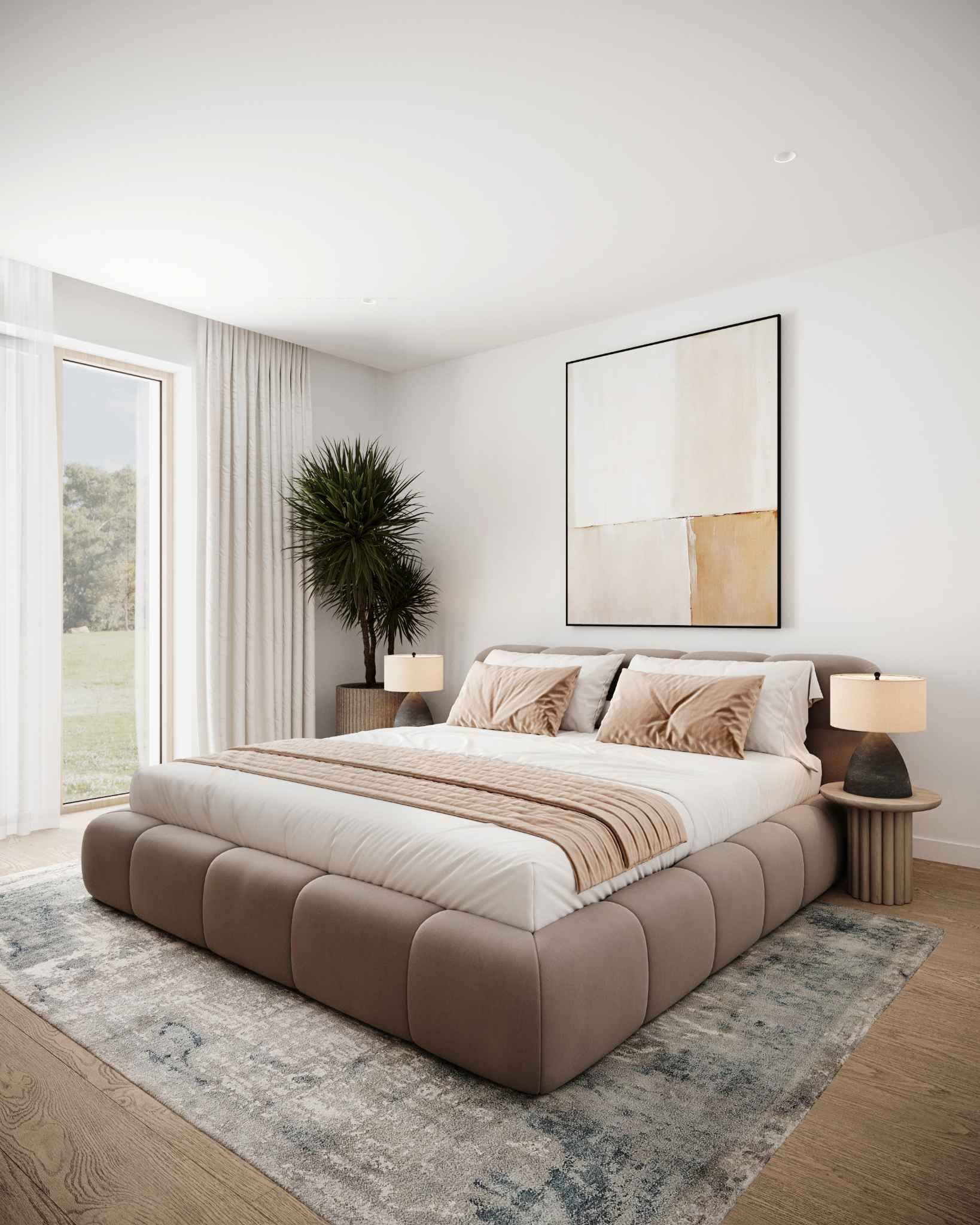 Helles, minimalistisches Schlafzimmer mit großem Bett