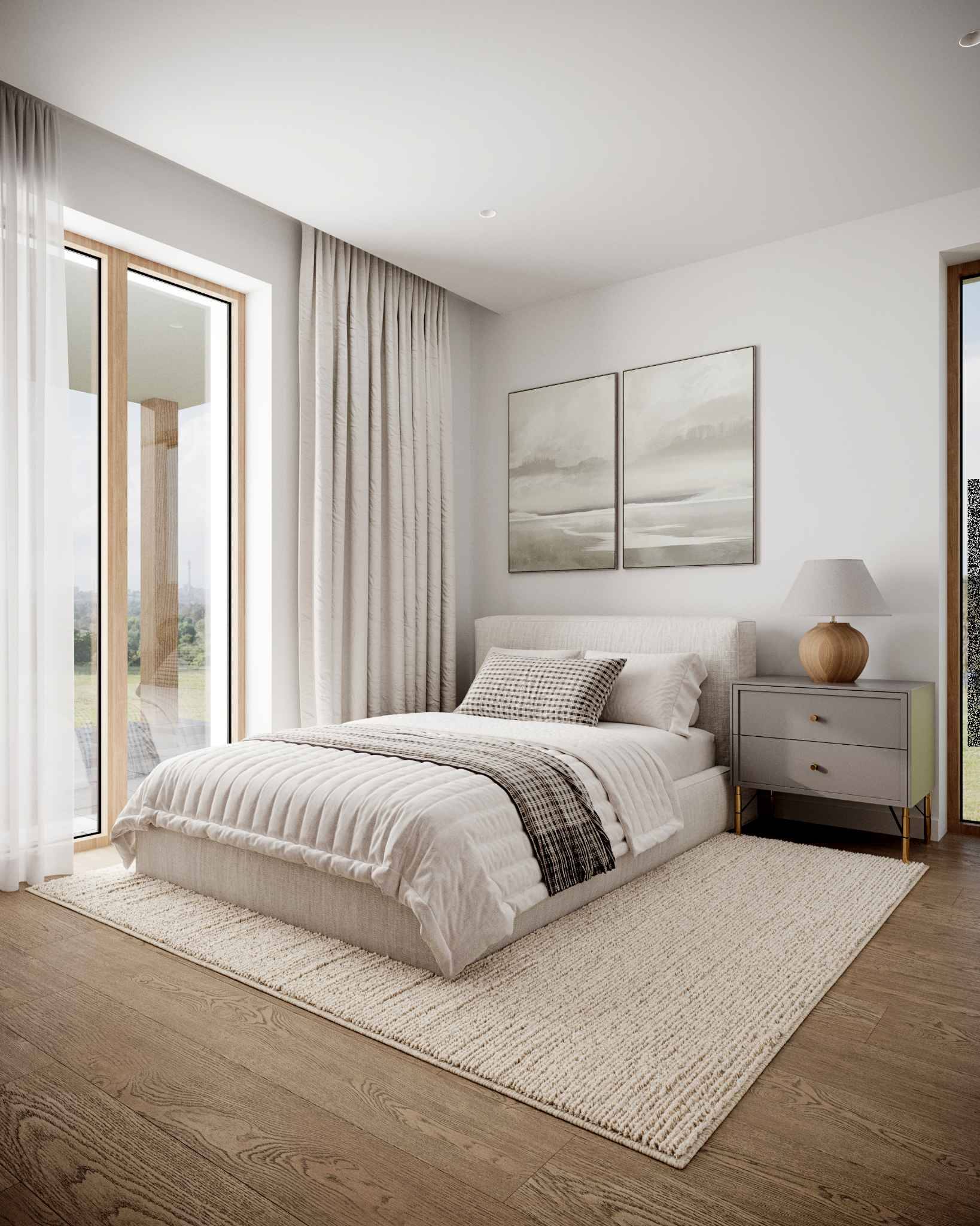 Helles, minimalistisch eingerichtetes Schlafzimmer
