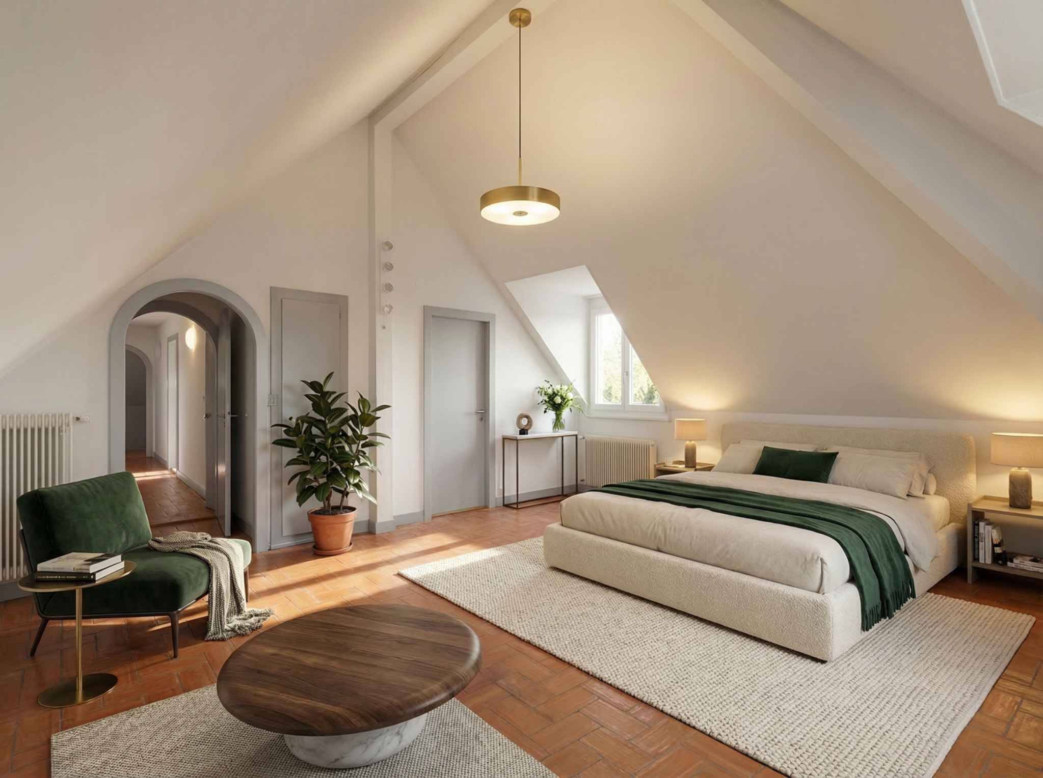Dachgeschoss-Schlafzimmer mit Staging-Möbeln