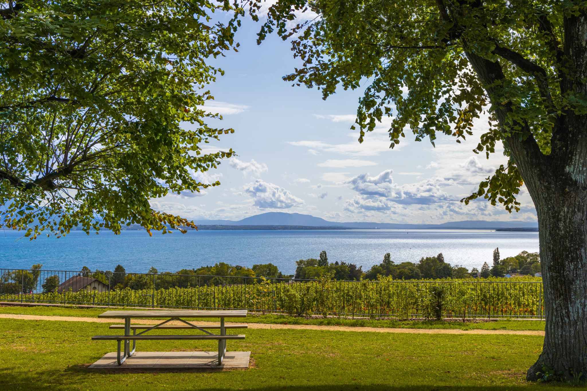 See mit Park und Bergblick