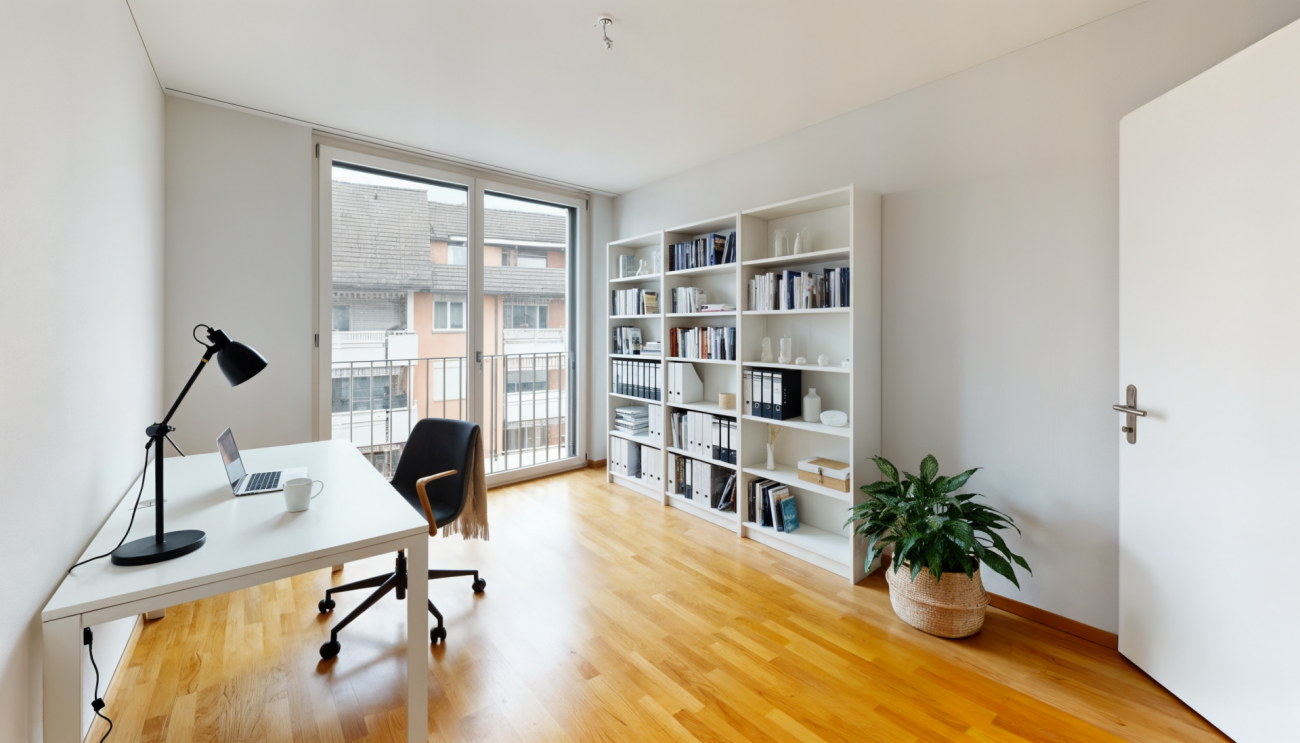Heller Arbeitsraum mit Balkon und Regalwand
