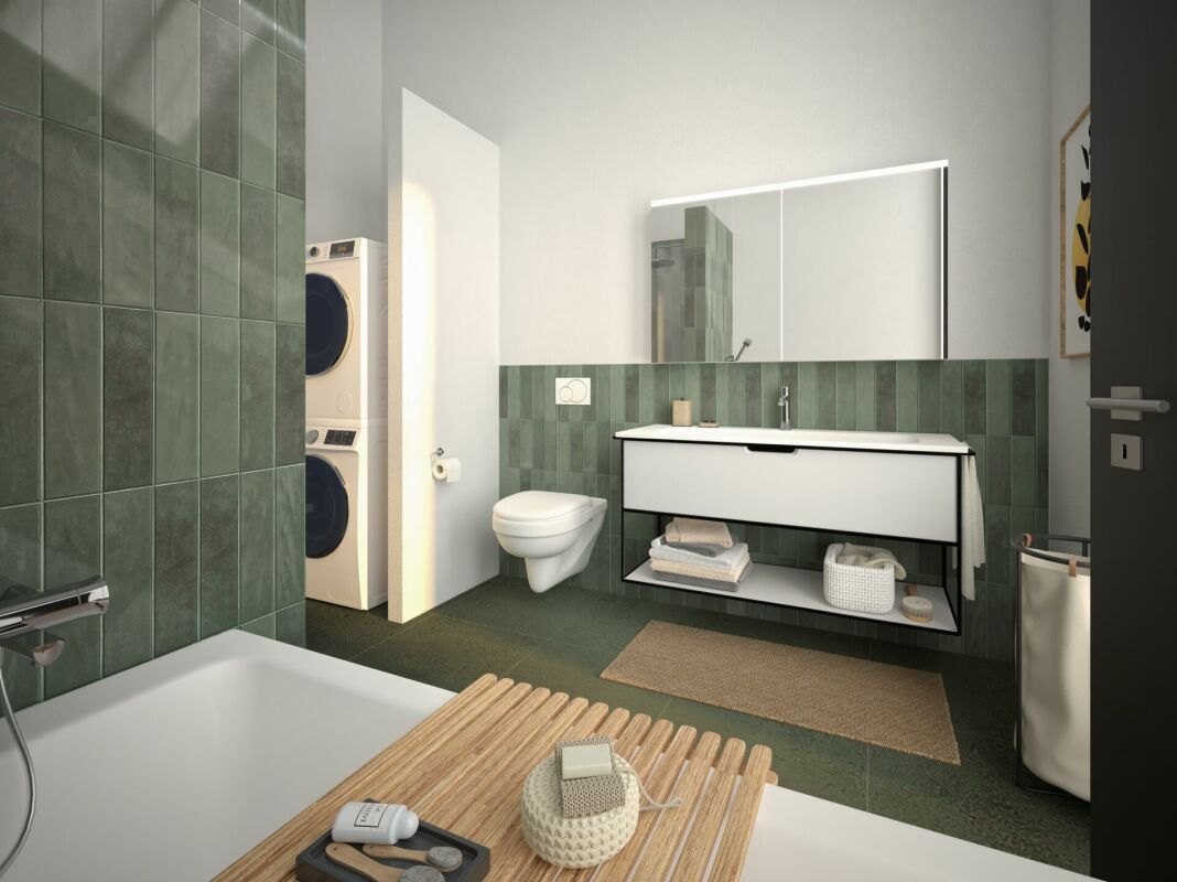 Modernes Badezimmer mit grünen Fliesen und Badewanne