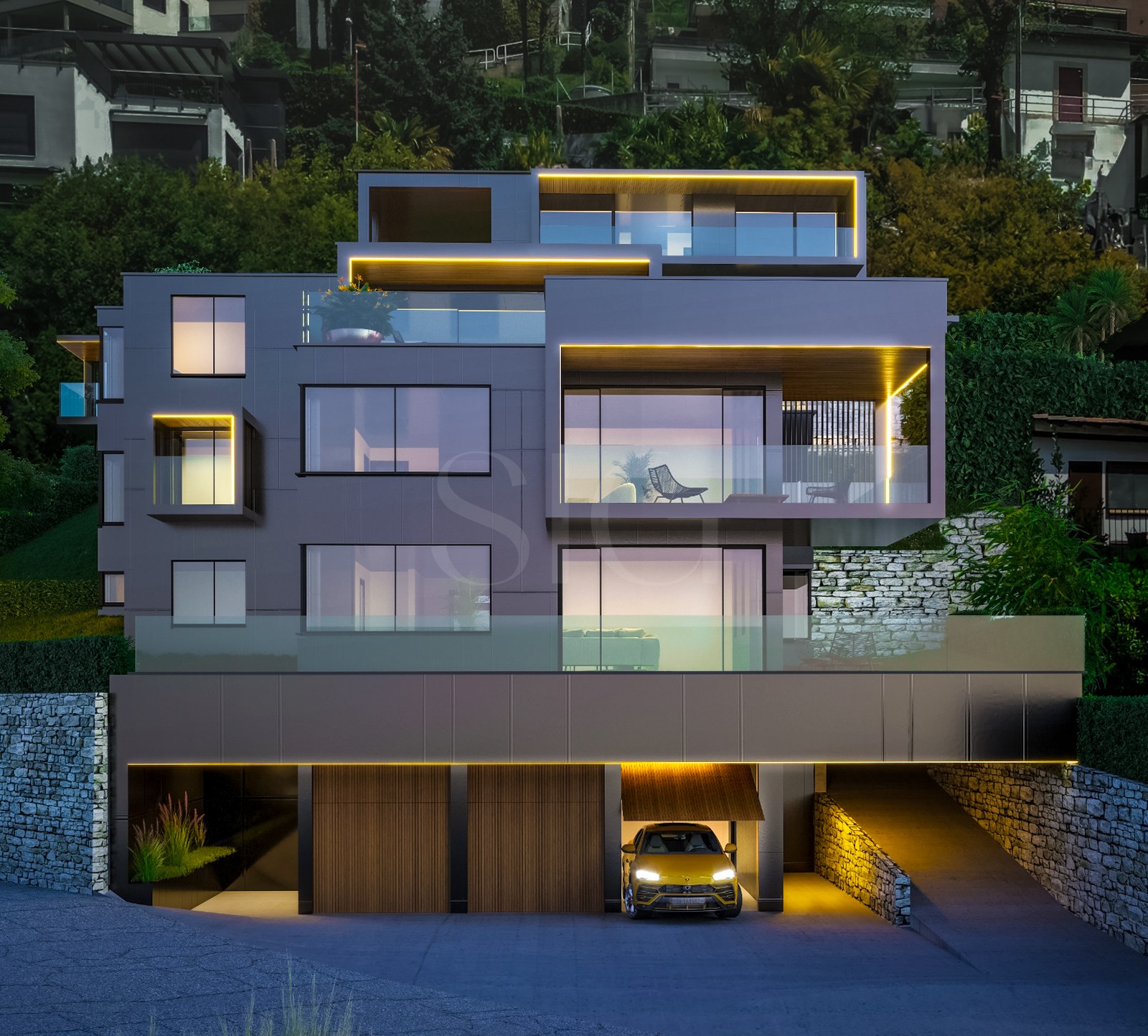 Moderne Luxusvilla bei Dämmerung