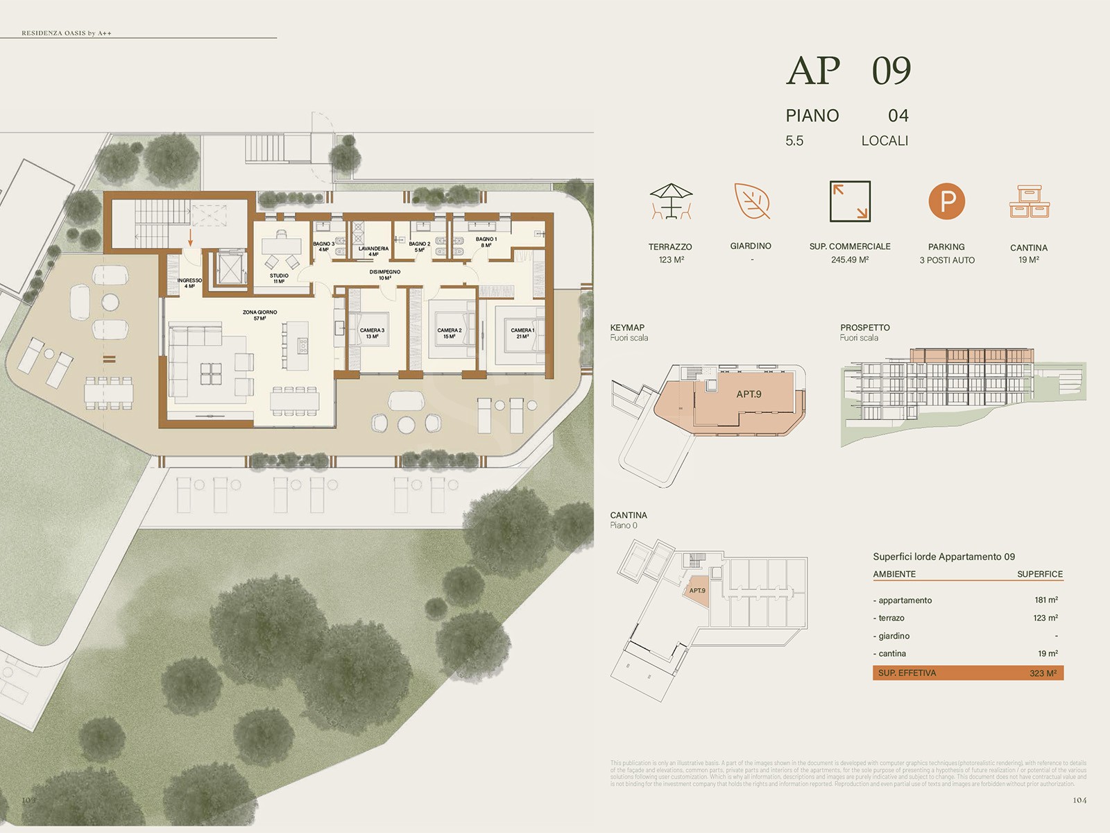 Grundriss einer Apartmenteinheit mit Terrasse, Garten und Kellereinheit