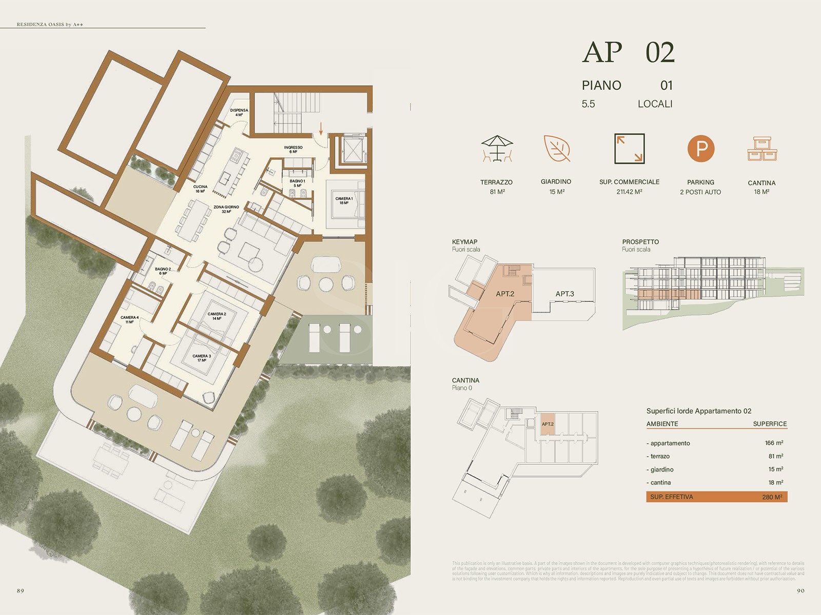 Grundriss einer Wohnung mit Terrasse und Garten