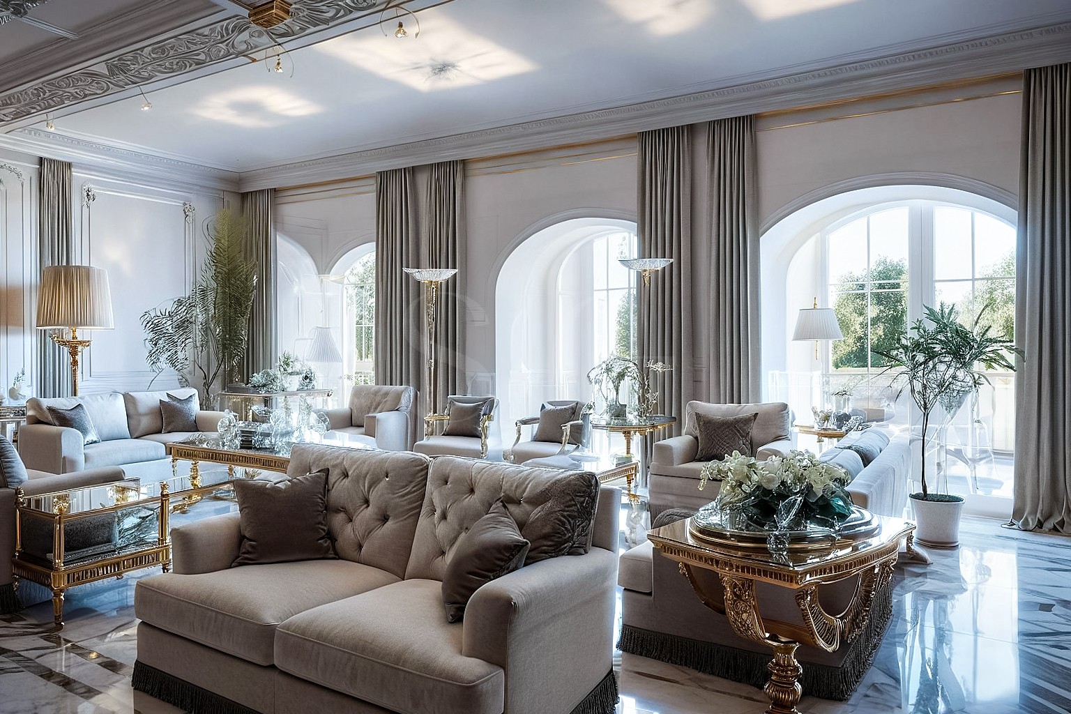 Luxuriöses Wohnzimmer mit hohen Rundbogenfenstern