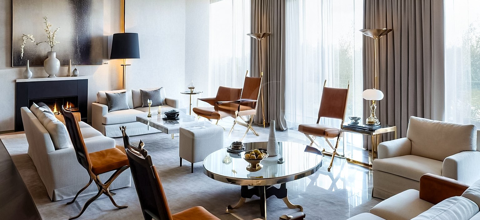 Luxuriöses Wohnzimmer mit Kamin und großen Fenstern