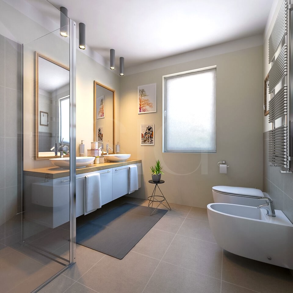 Modernes Badezimmer mit Dusche und Doppelwaschtisch