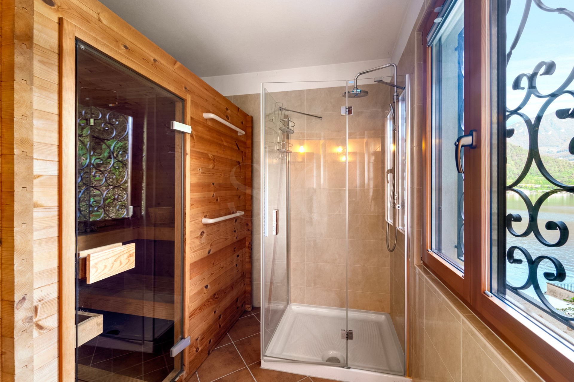 Saunabereich mit Dusche und Ausblick