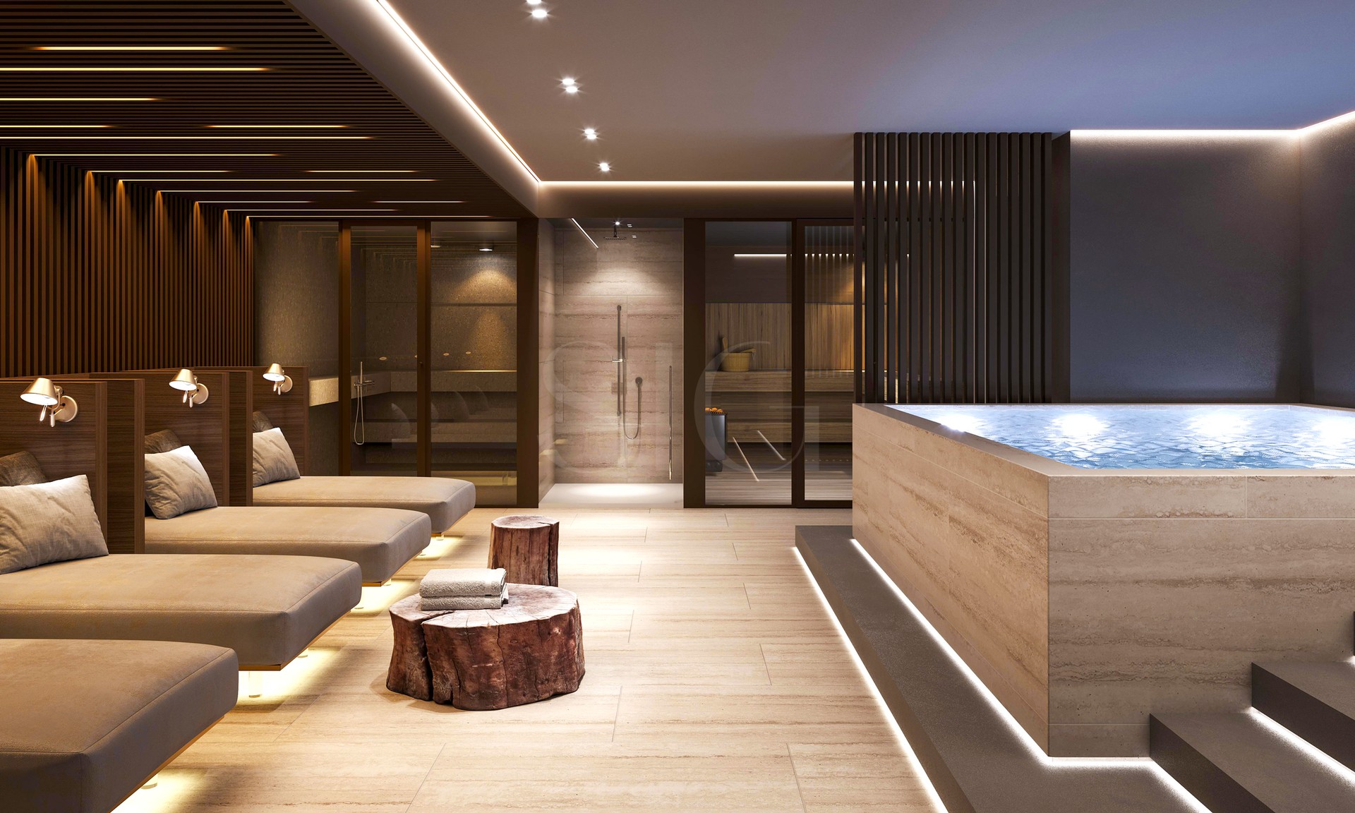 Luxuriöser Wellnessraum mit Liegen und Whirlpool