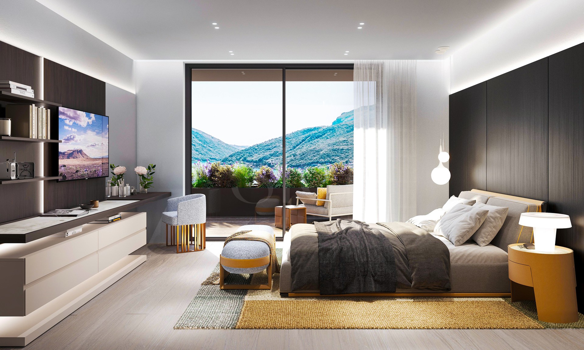 Modernes Schlafzimmer mit Balkonblick