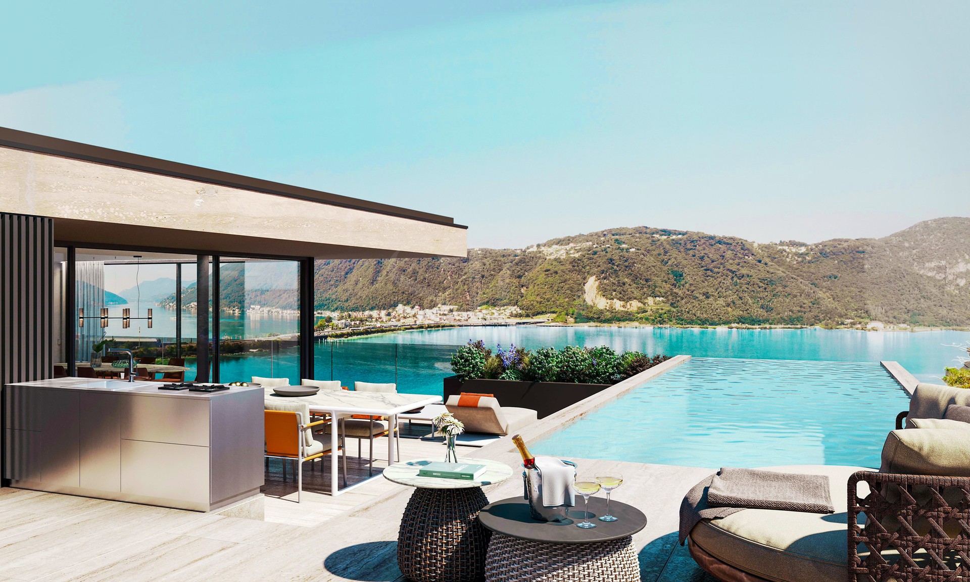 Luxuriöse Terrasse mit Infinity-Pool und Seeblick