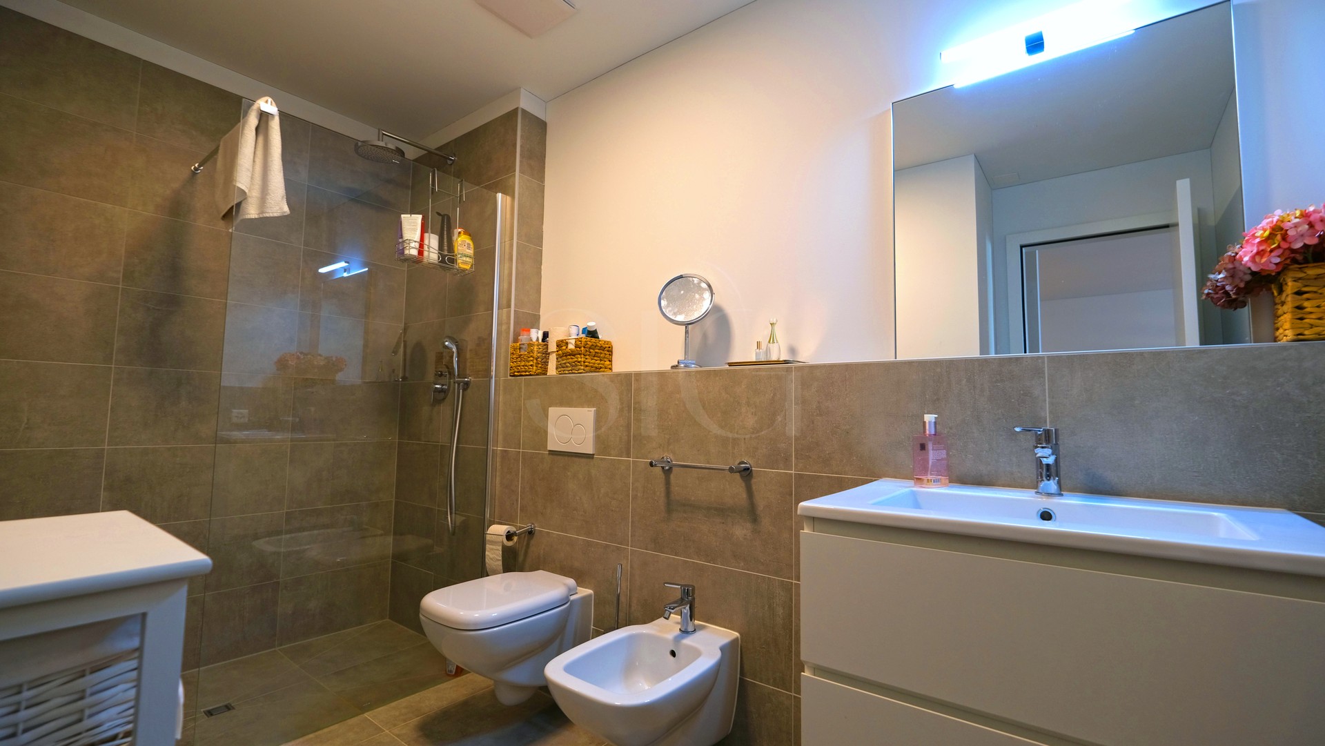 Modernes Badezimmer mit begehbarer Dusche und Bidet