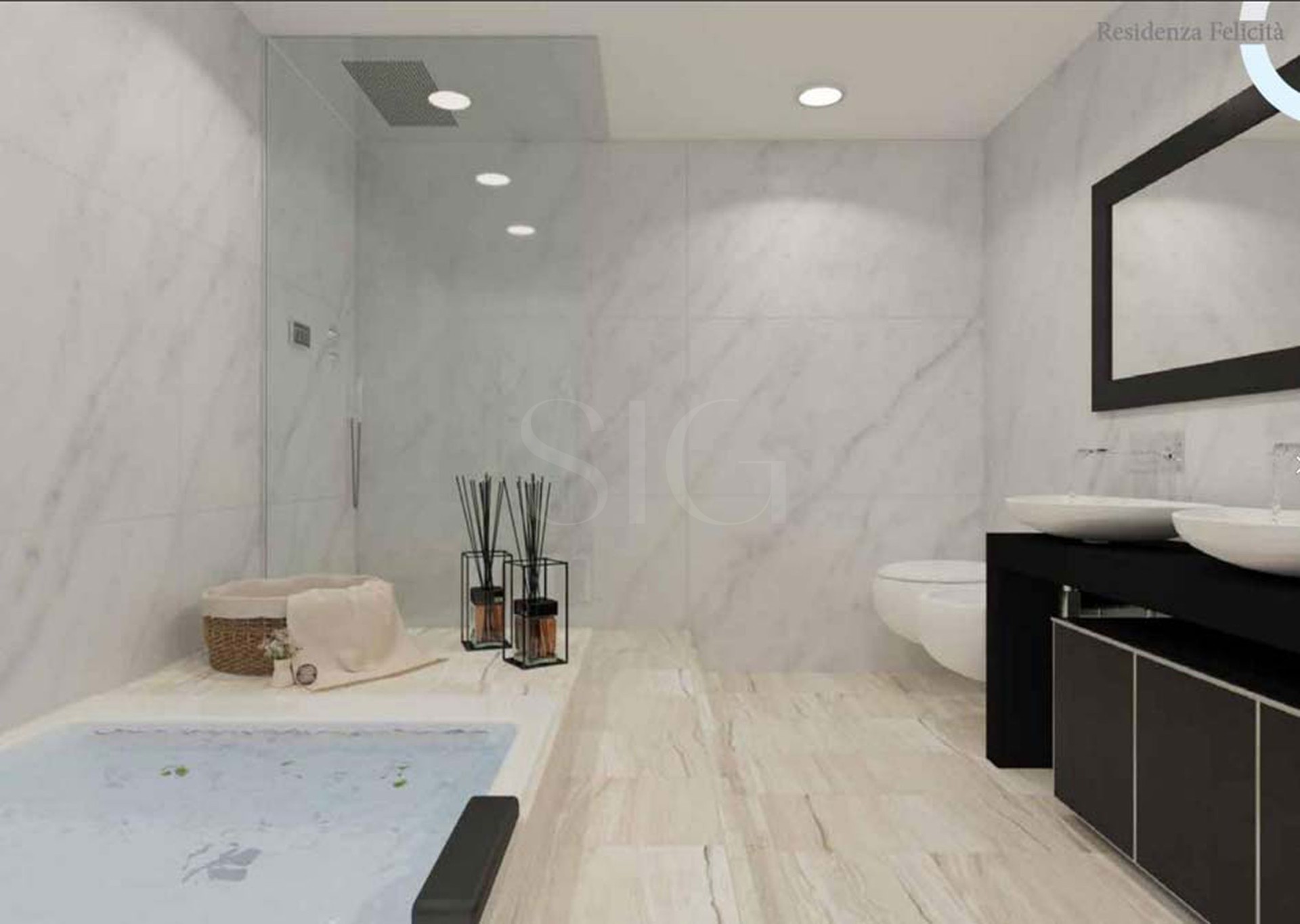 Modernes Badezimmer mit Dusche und Doppelwaschbecken