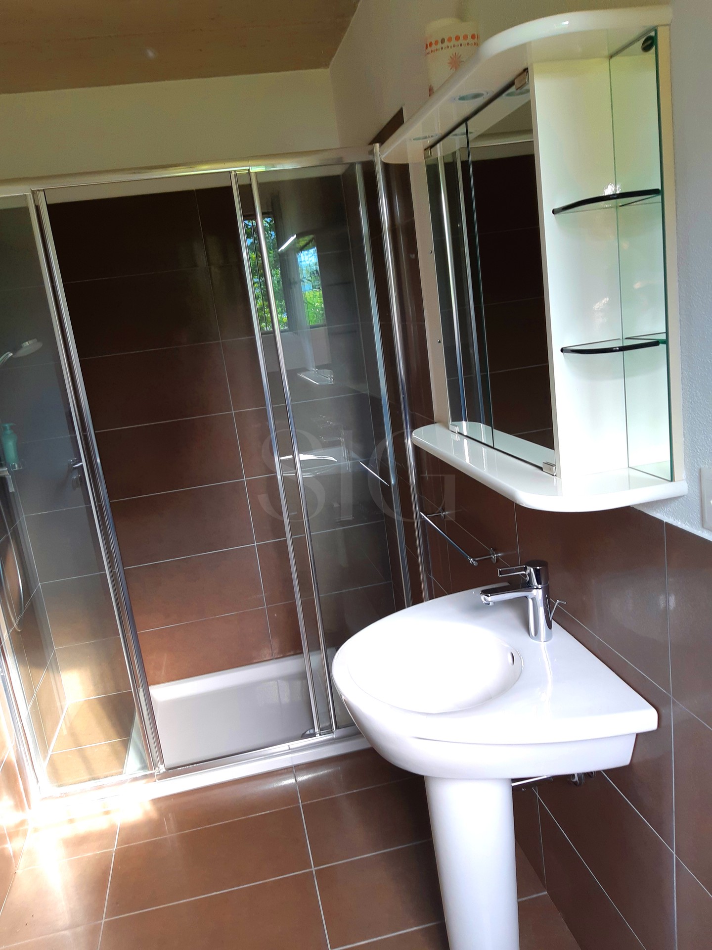 Modernes Badezimmer mit Duschkabine und Waschbecken