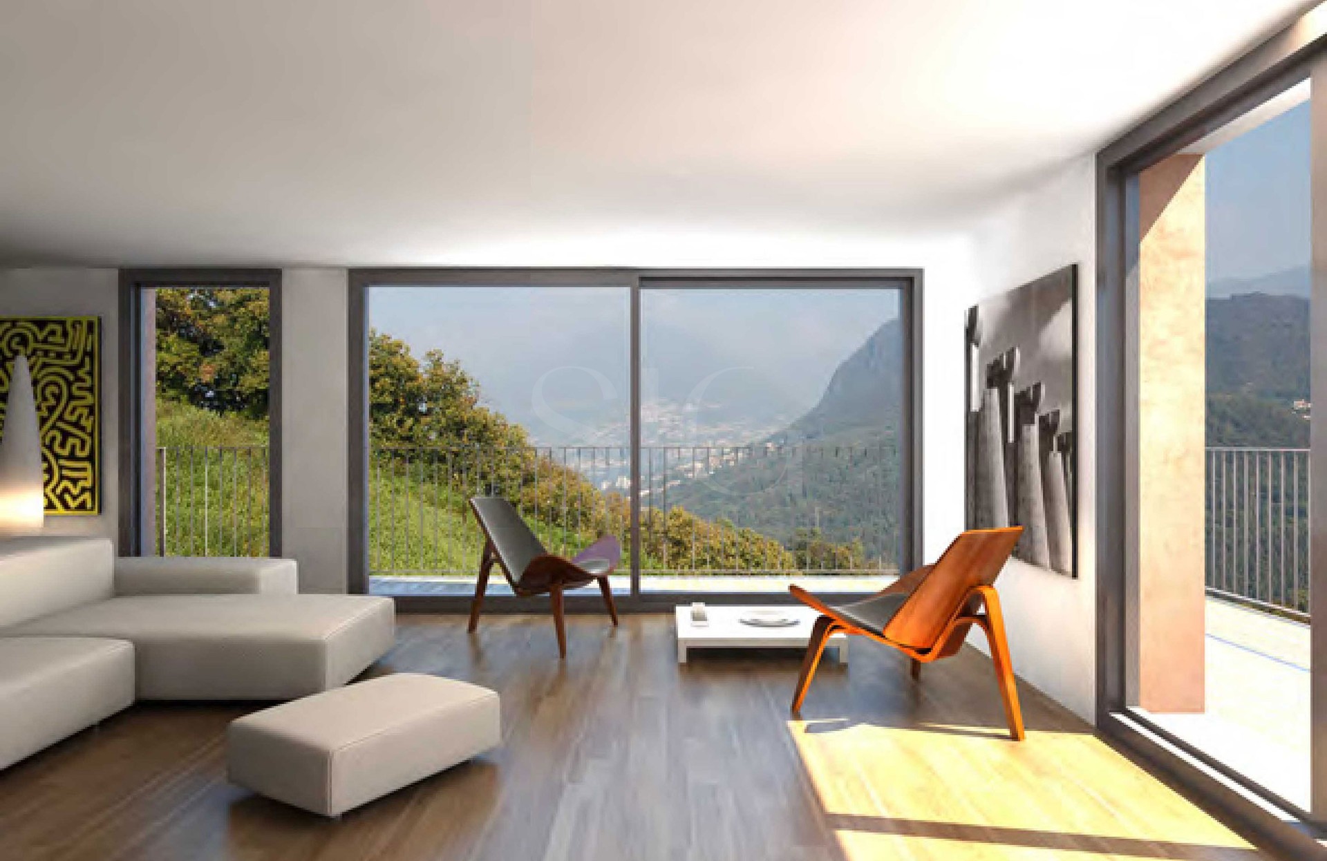 Modernes Wohnraum-Panorama mit Bergblick