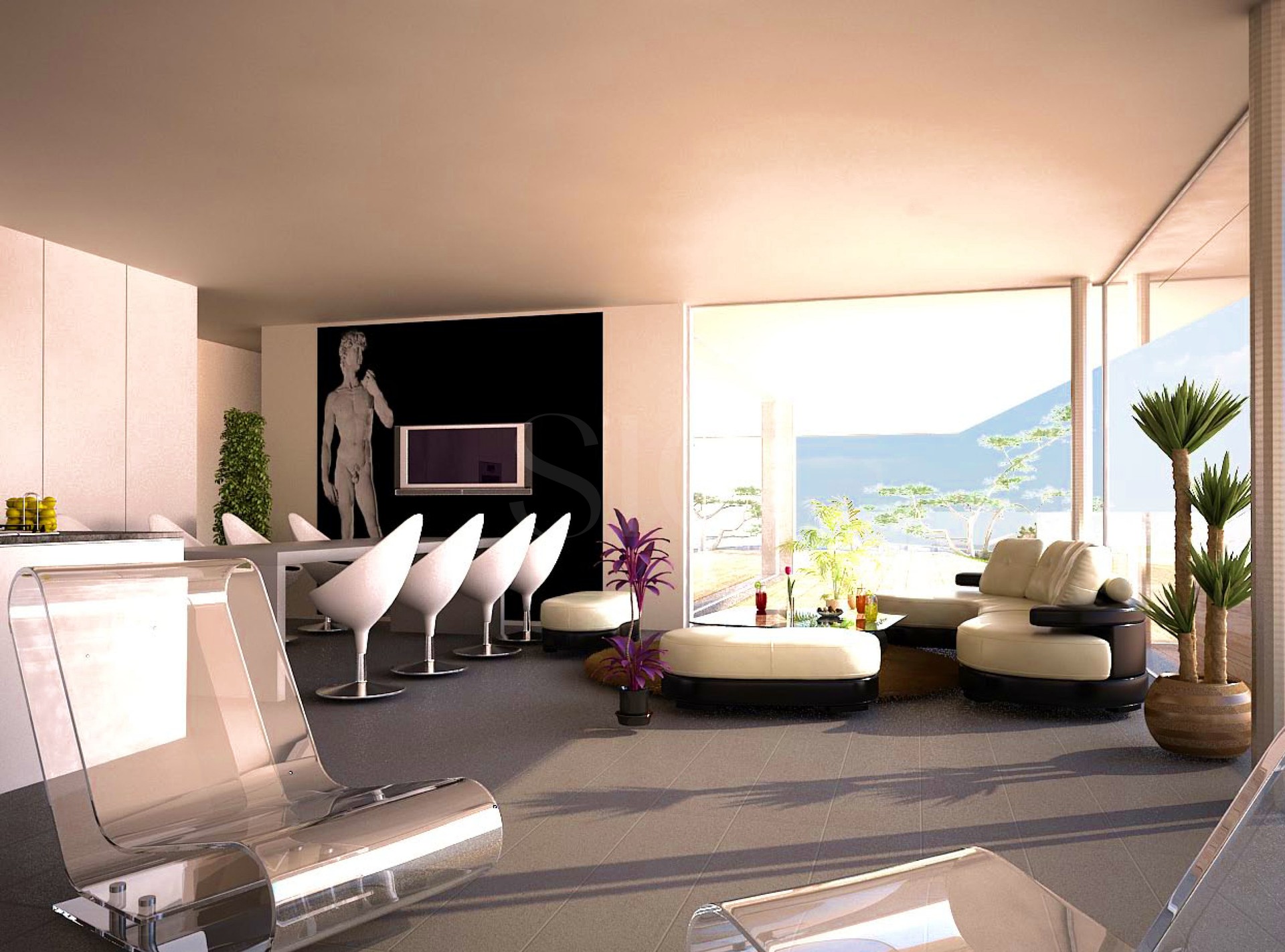 Modernes Wohn- und Esszimmer mit Panoramafenster
