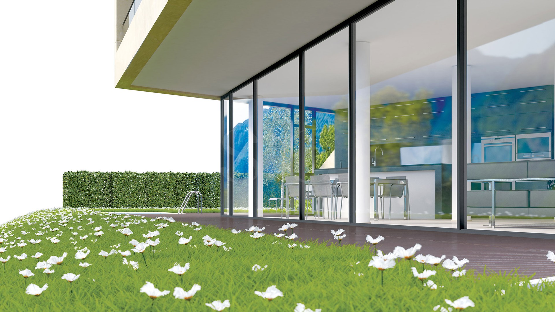 Moderner Außenbereich mit Glasfront und Garten