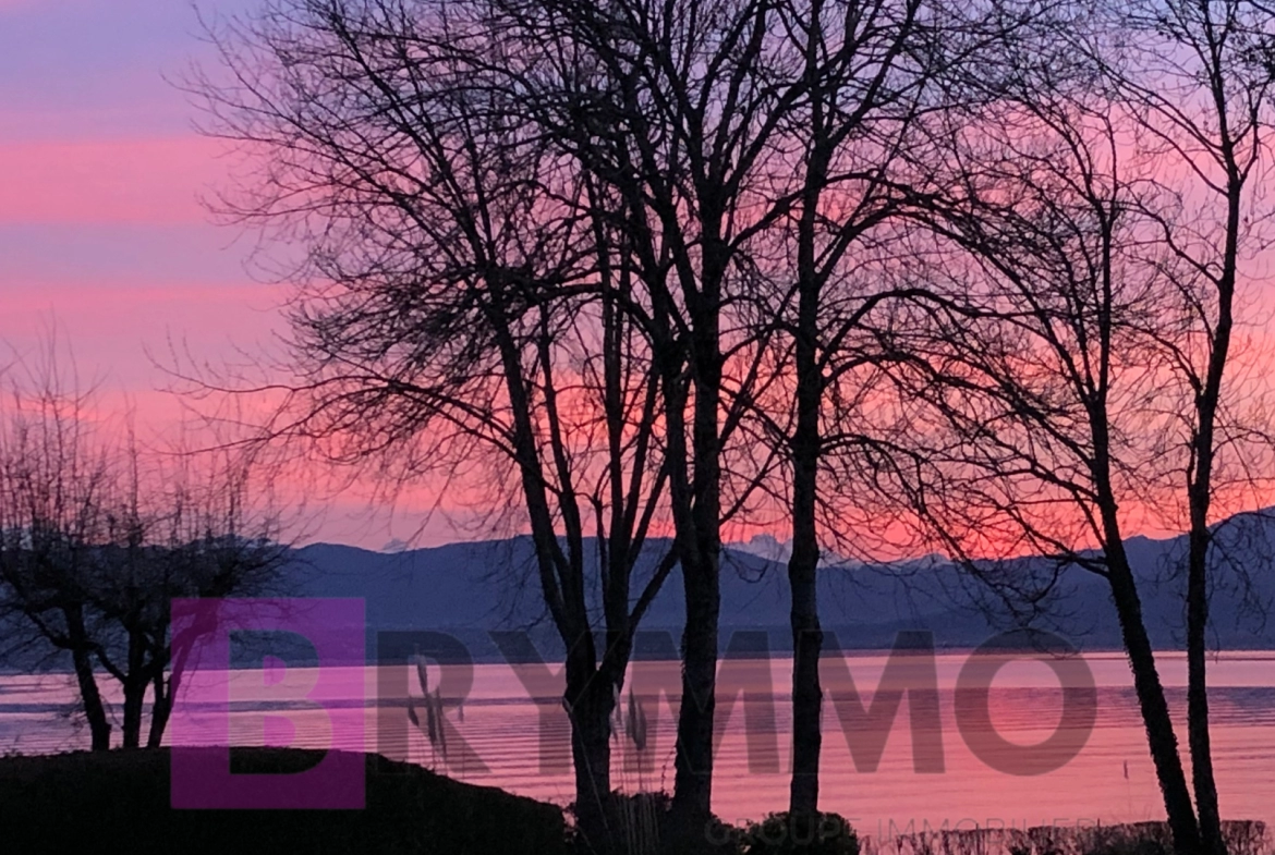 See mit Sonnenuntergang und Bäumen