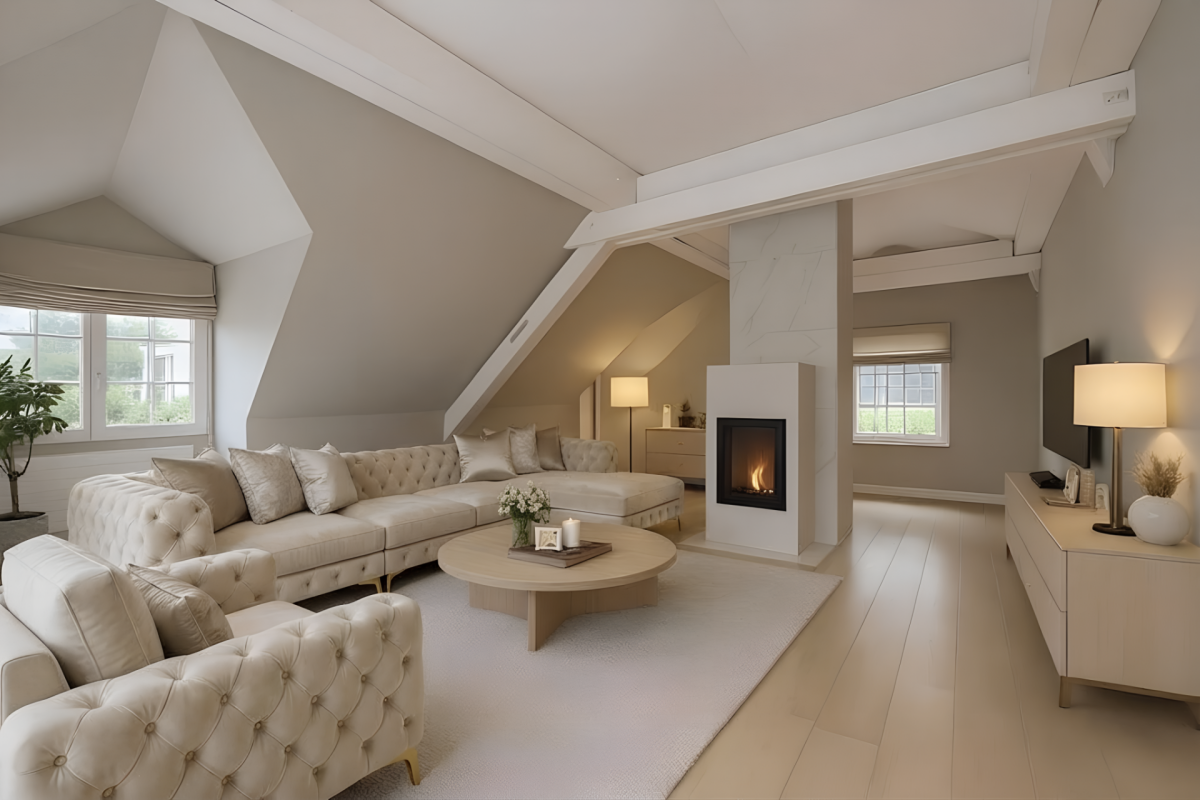 Luxuriöses Dachgeschoss-Wohnzimmer mit Kamin