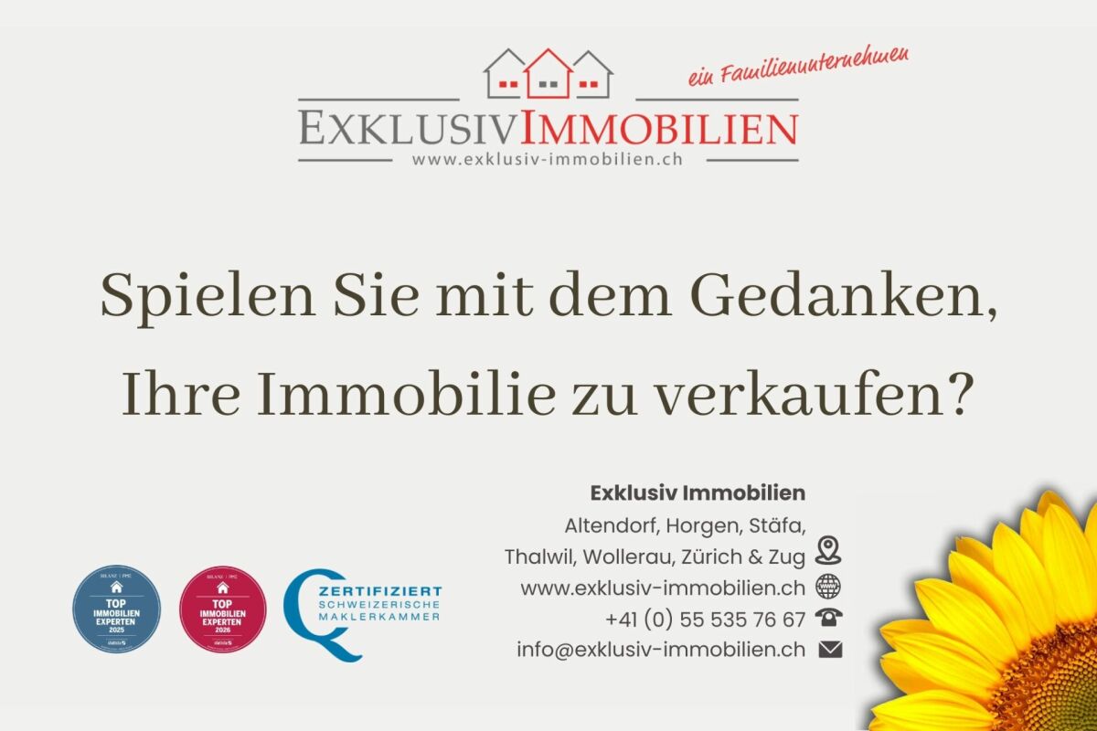 Immobilien-Werbegrafik mit Maklerlogo und Verkaufstext