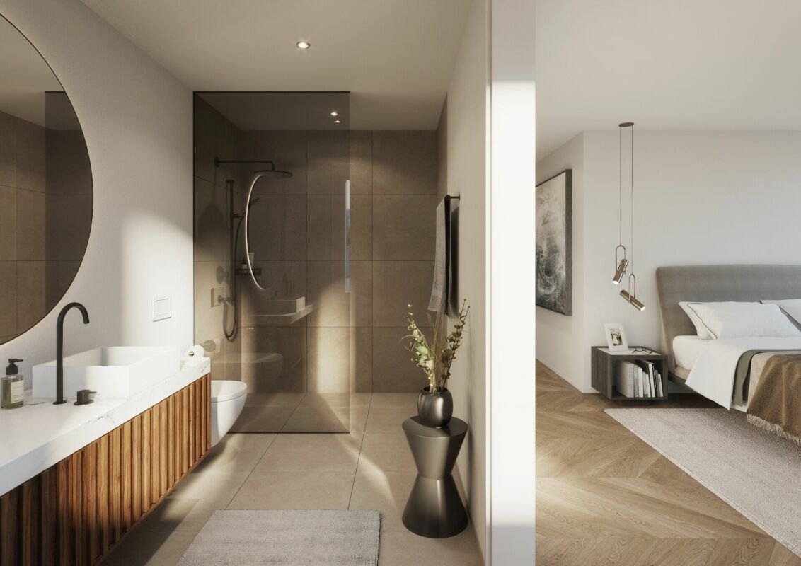 Modernes Badezimmer mit angrenzendem Schlafzimmer