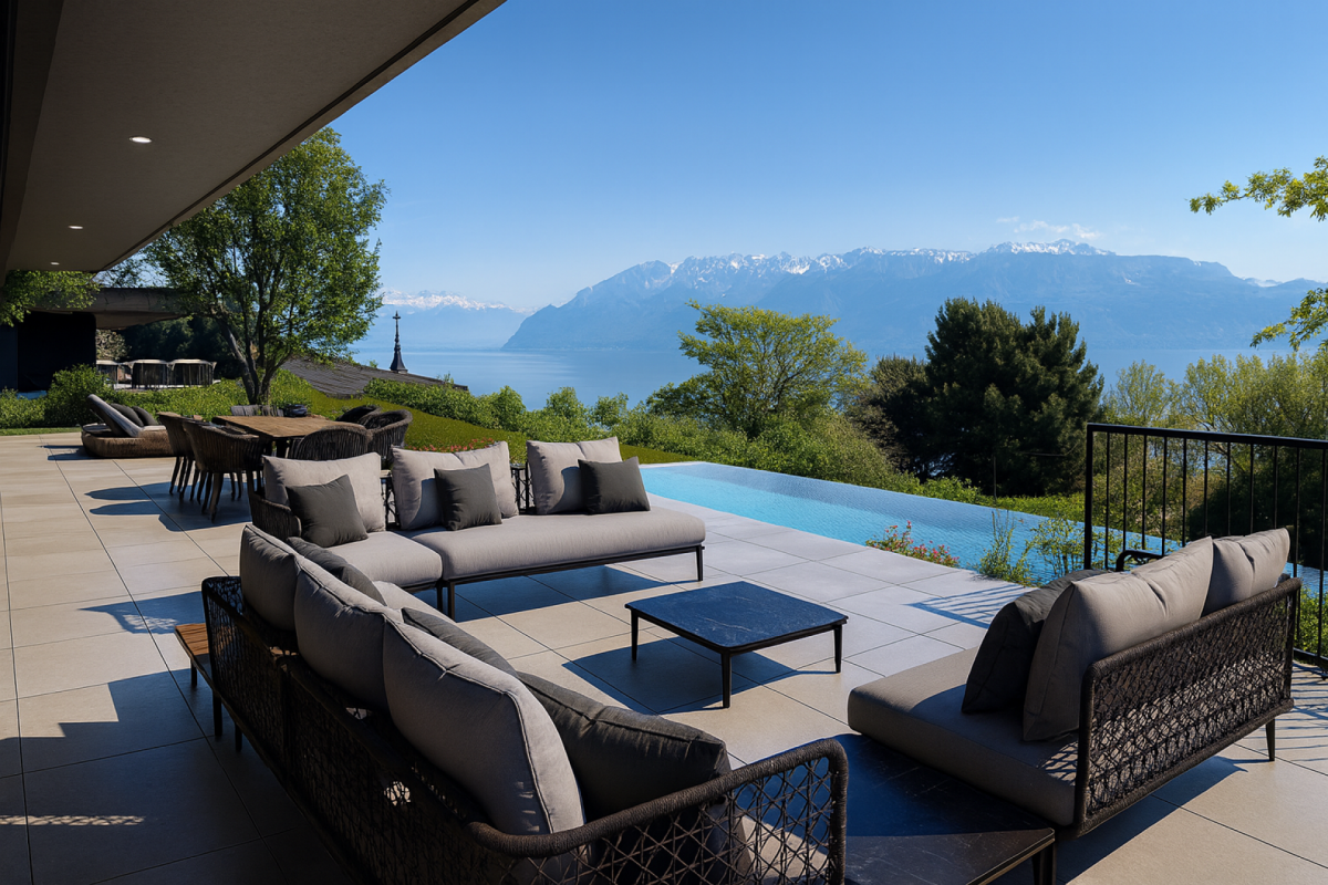 Luxuriöse Terrasse mit Pool und Seeblick
