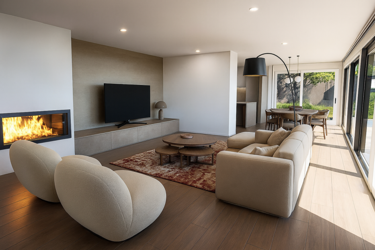 Modernes offenes Wohn-Esszimmer mit Kamin