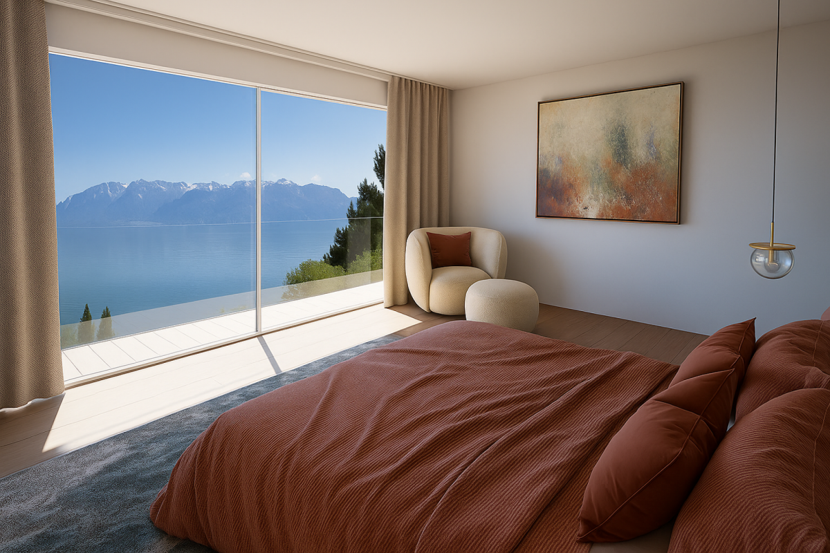Schlafzimmer mit Seeblick und modernem Lounge-Stuhl