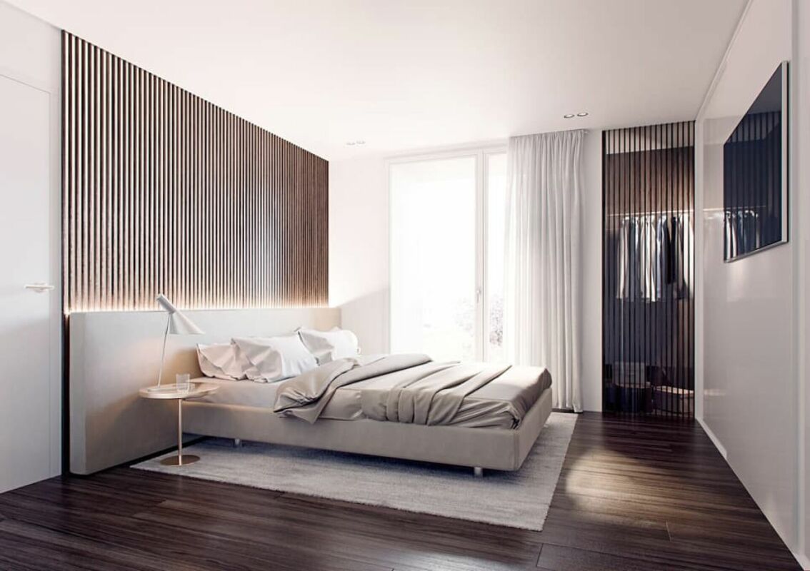 Modernes Schlafzimmer mit Holzlamellenwand