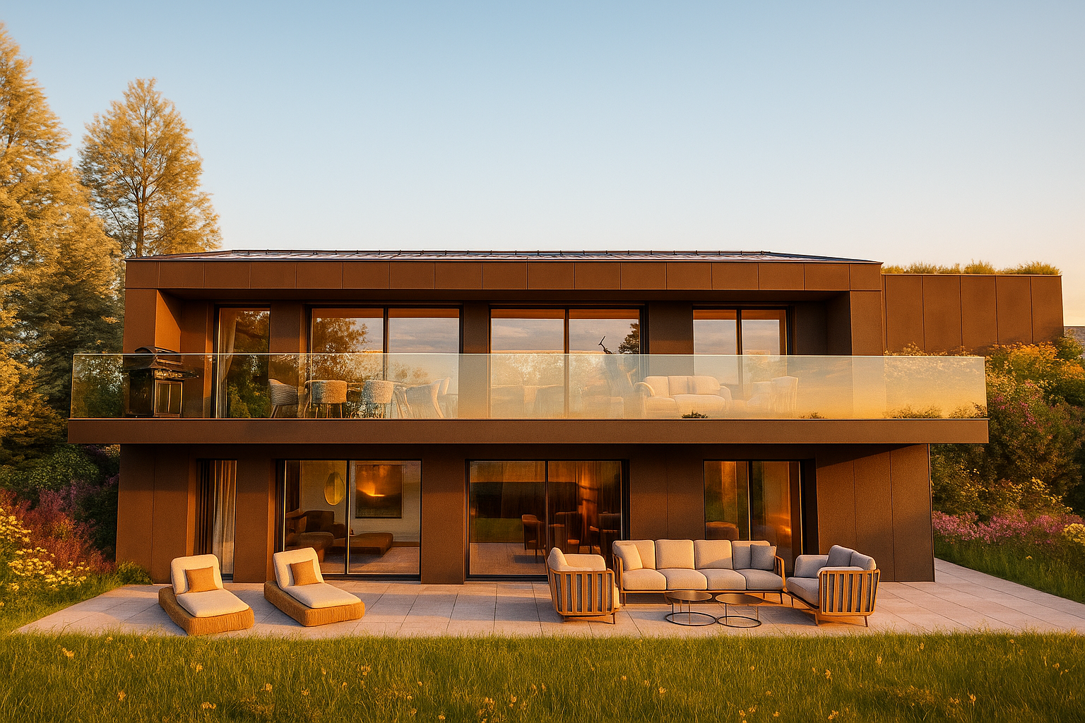 Modernes Luxushaus mit Terrasse bei Sonnenuntergang