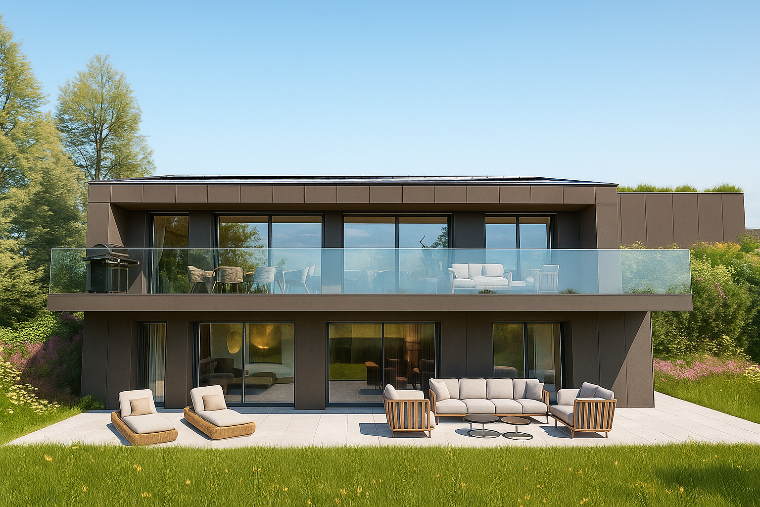 Moderne Terrasse mit zweigeschossiger Fassade