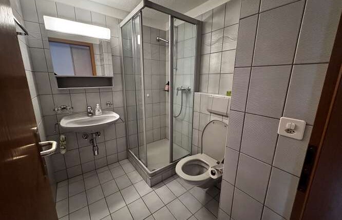 Kleines gefliestes Badezimmer mit Dusche und WC