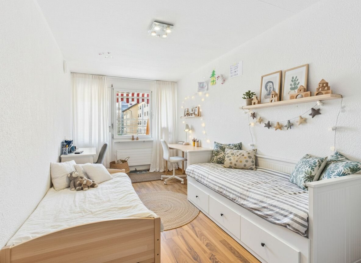 Helles Kinderzimmer mit zwei Betten