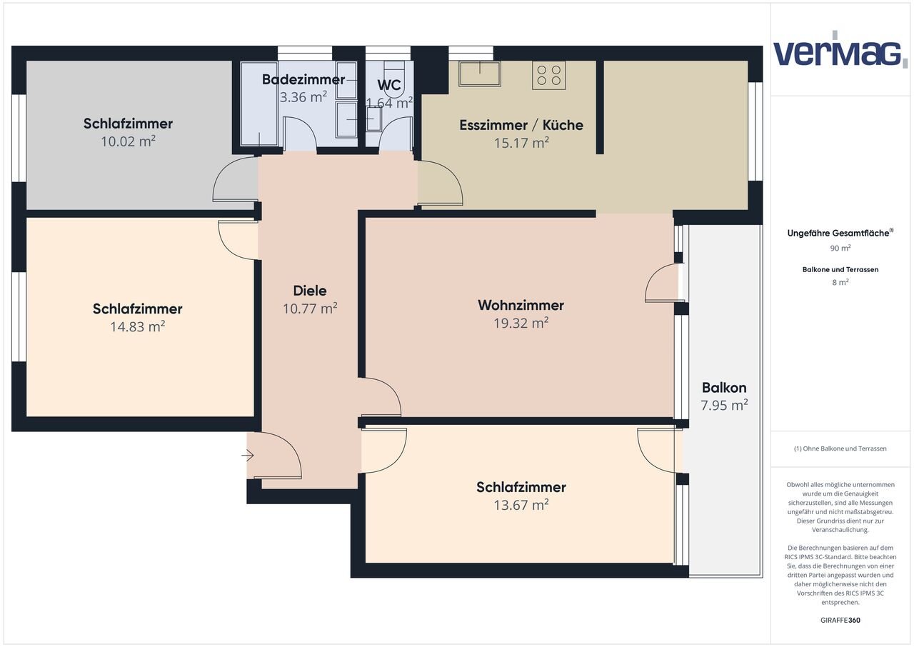Grundriss einer Wohnung mit mehreren Zimmern und Balkon