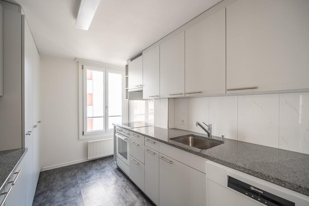 Moderne schmale Einbauküche mit Fenster
