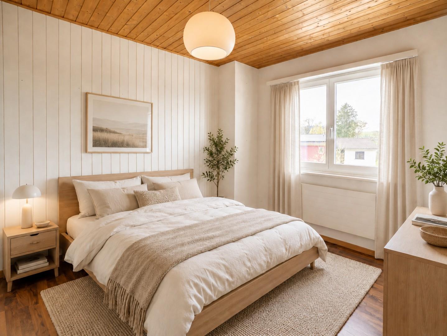 Helles Schlafzimmer mit Naturholz und Weiß
