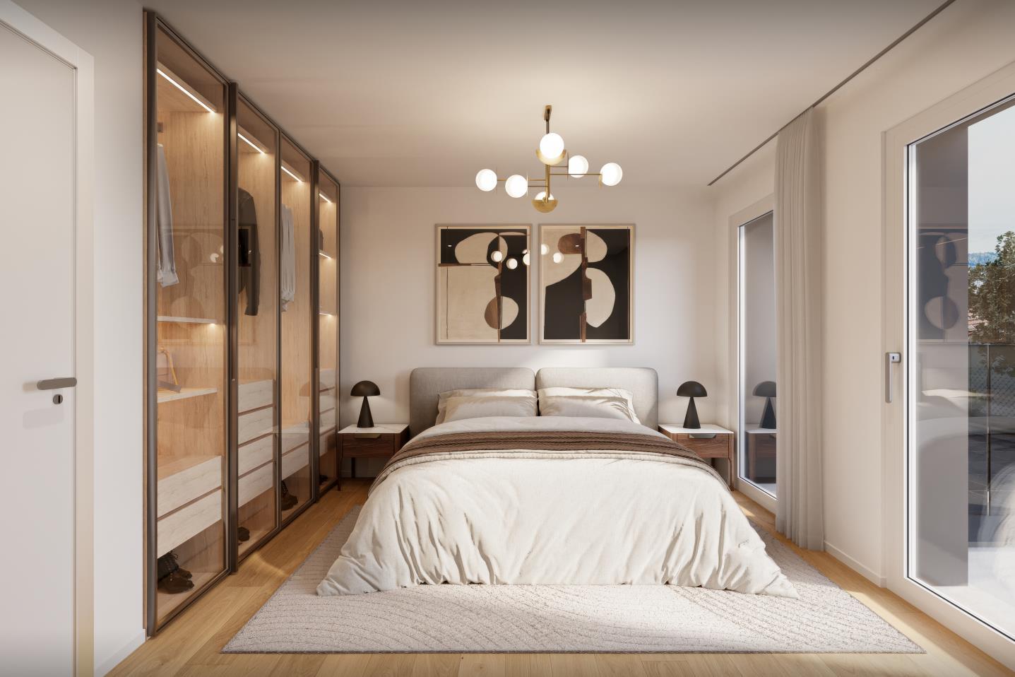 Modernes Schlafzimmer mit Einbauschrank und Balkonzugang