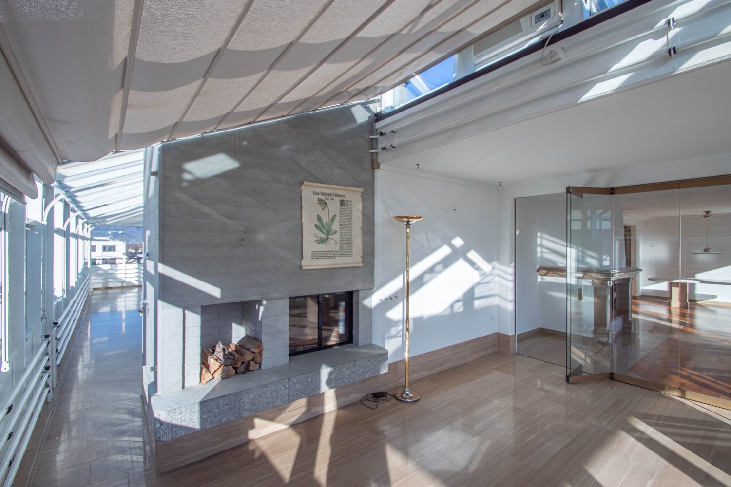 Heller Wohnraum mit Kamin und Glaswand
