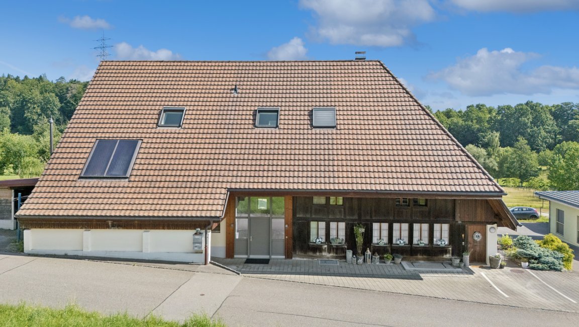 Außenansicht eines Hauses mit großem Satteldach
