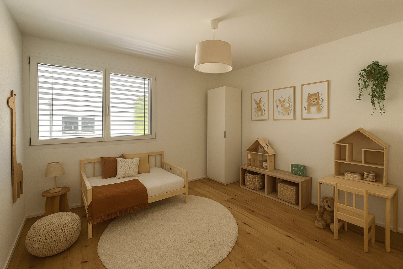 Helles Kinderzimmer mit Naturholz-Möbeln