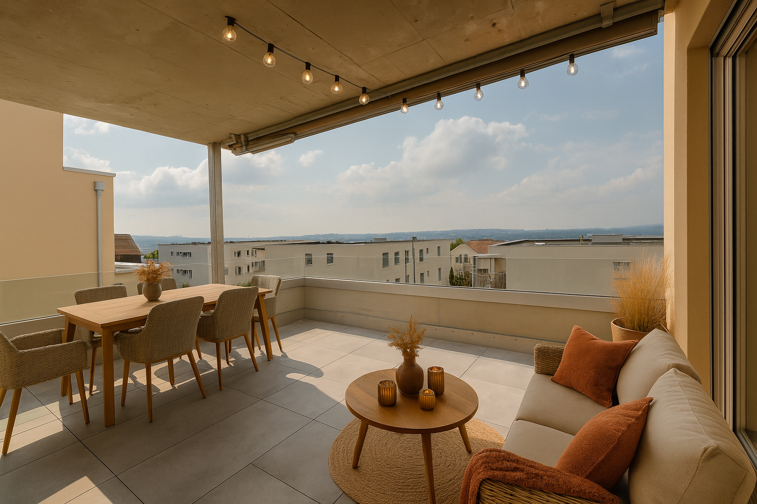 Großzügige Dachterrasse mit Sitz- und Essbereich
