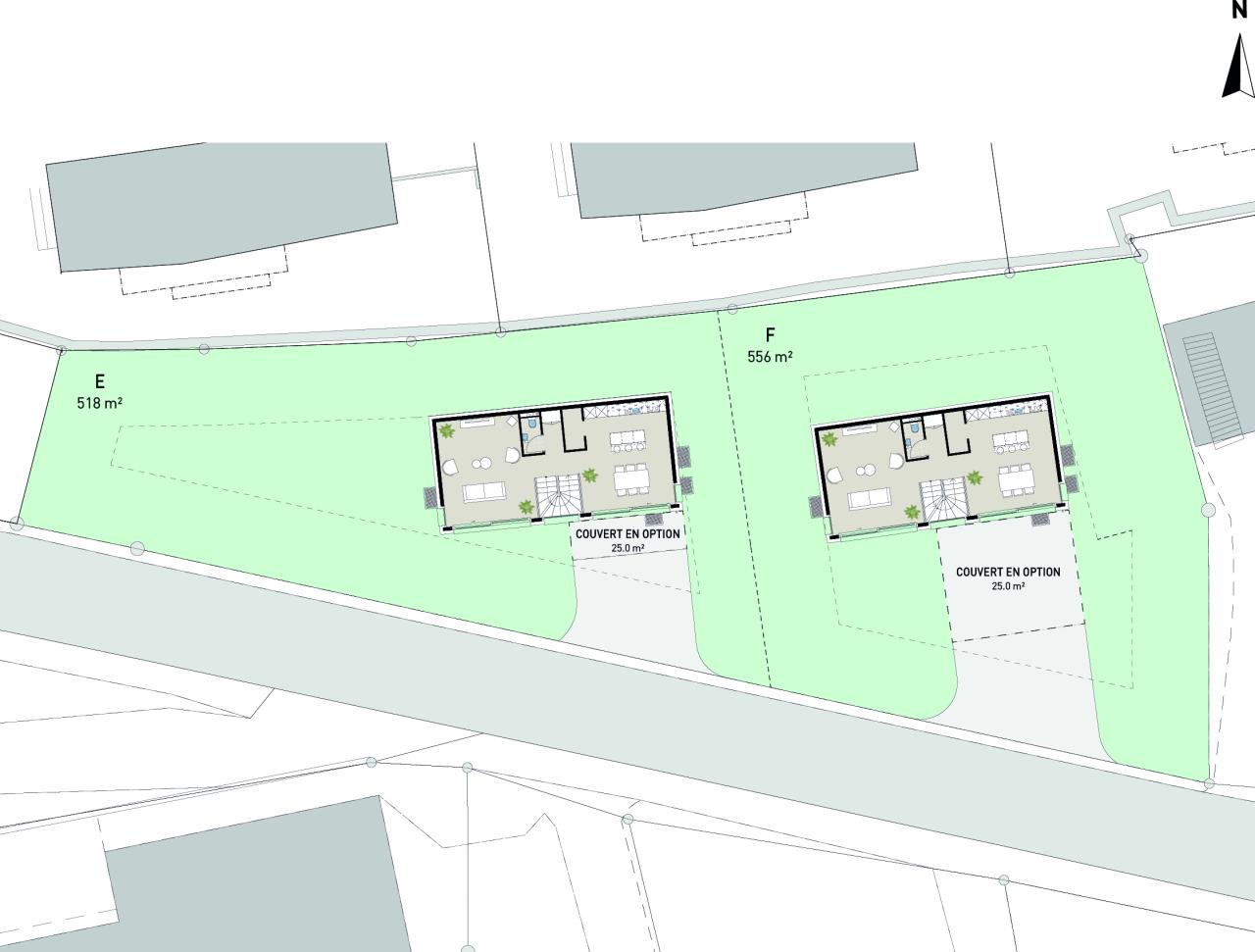 Grundriss eines Grundstücks mit zwei Hauspositionen