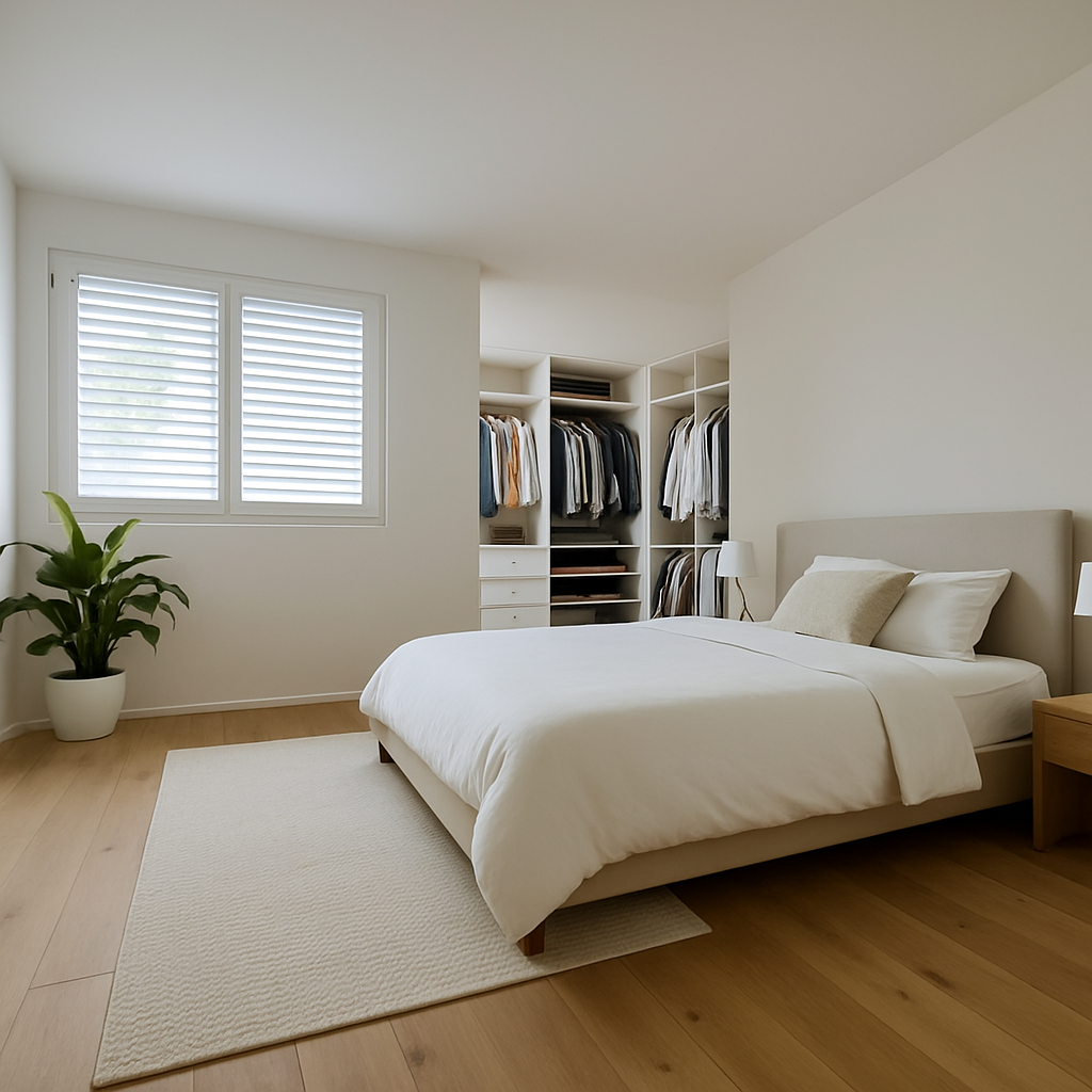 Helles Schlafzimmer mit begehbarem Kleiderschrank