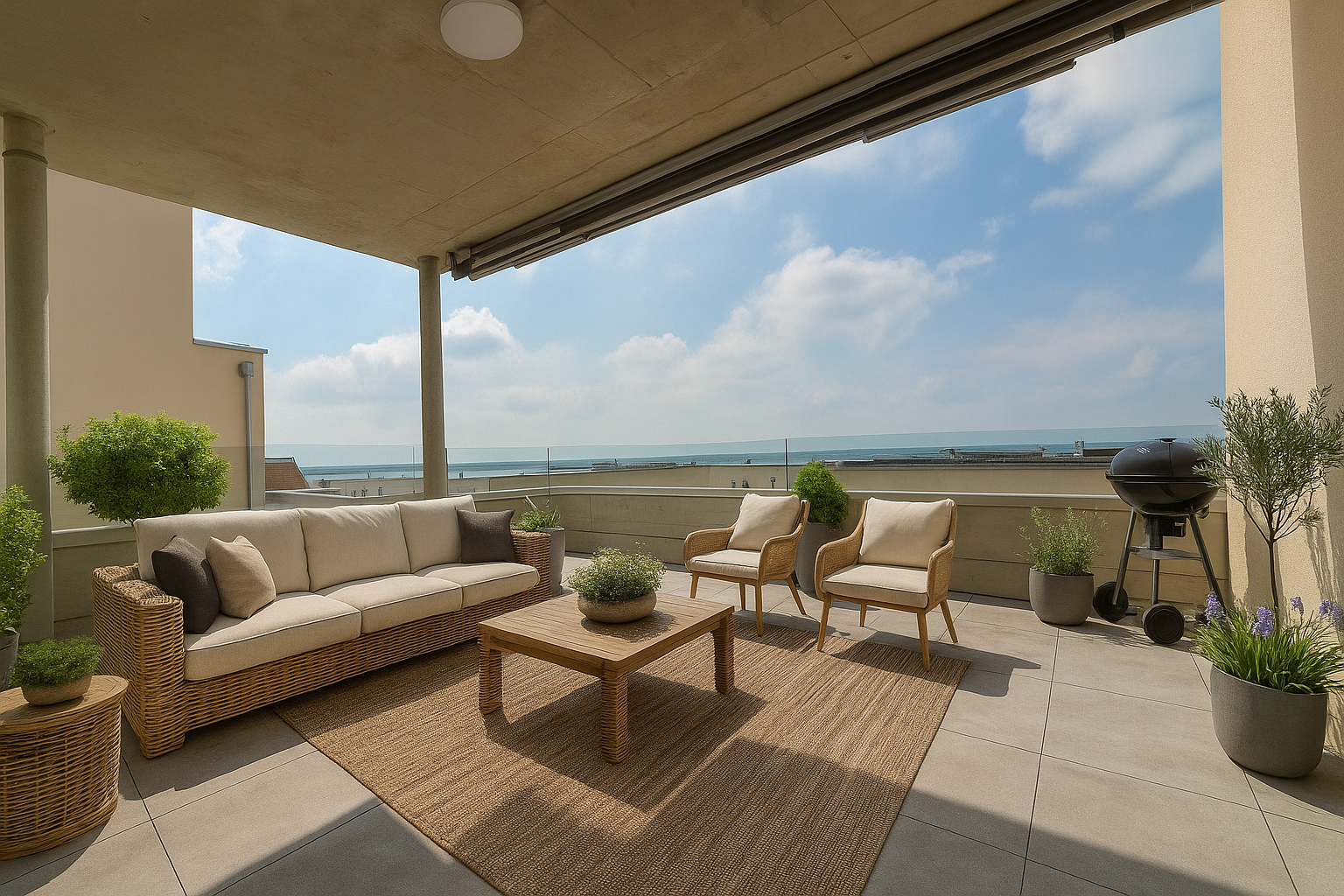 Meerblick-Terrasse mit Lounge-Möbeln