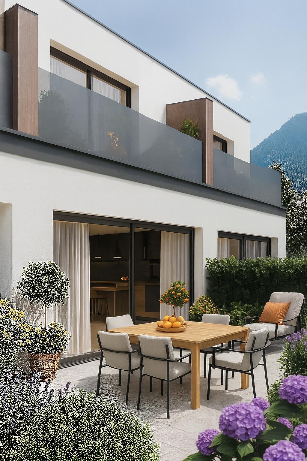 Moderne Terrasse mit Essbereich